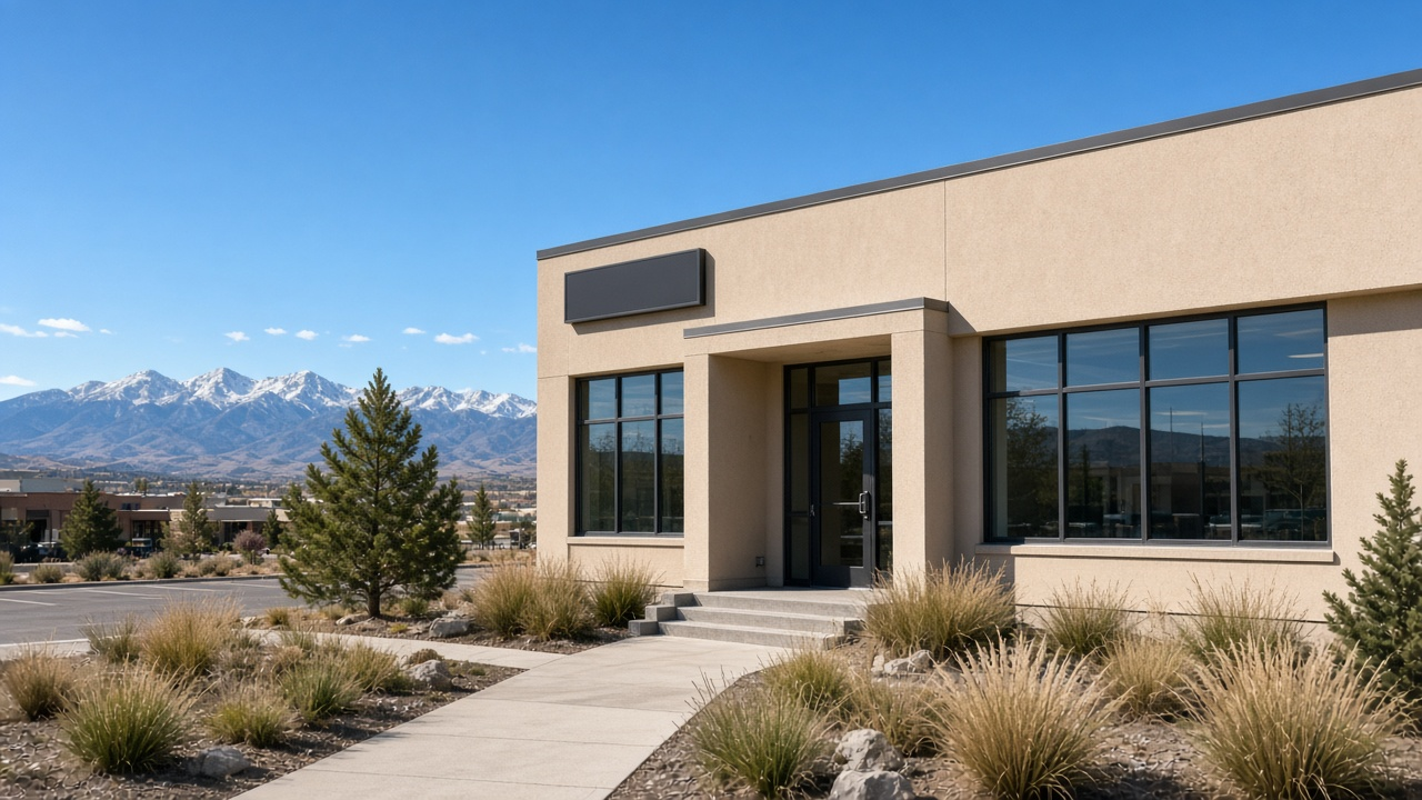 Daylight exterior of a low commercial building with a mountain backdrop