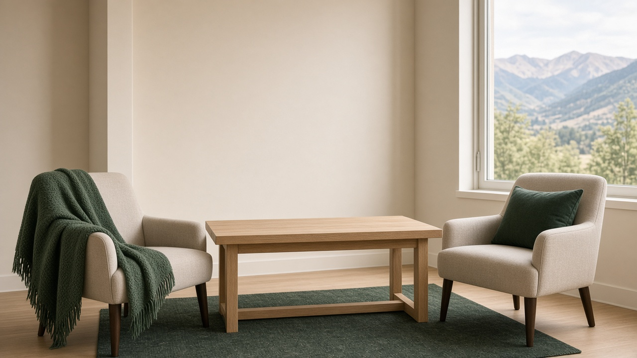 Therapy room with a wood table, two chairs, and forest-green textiles