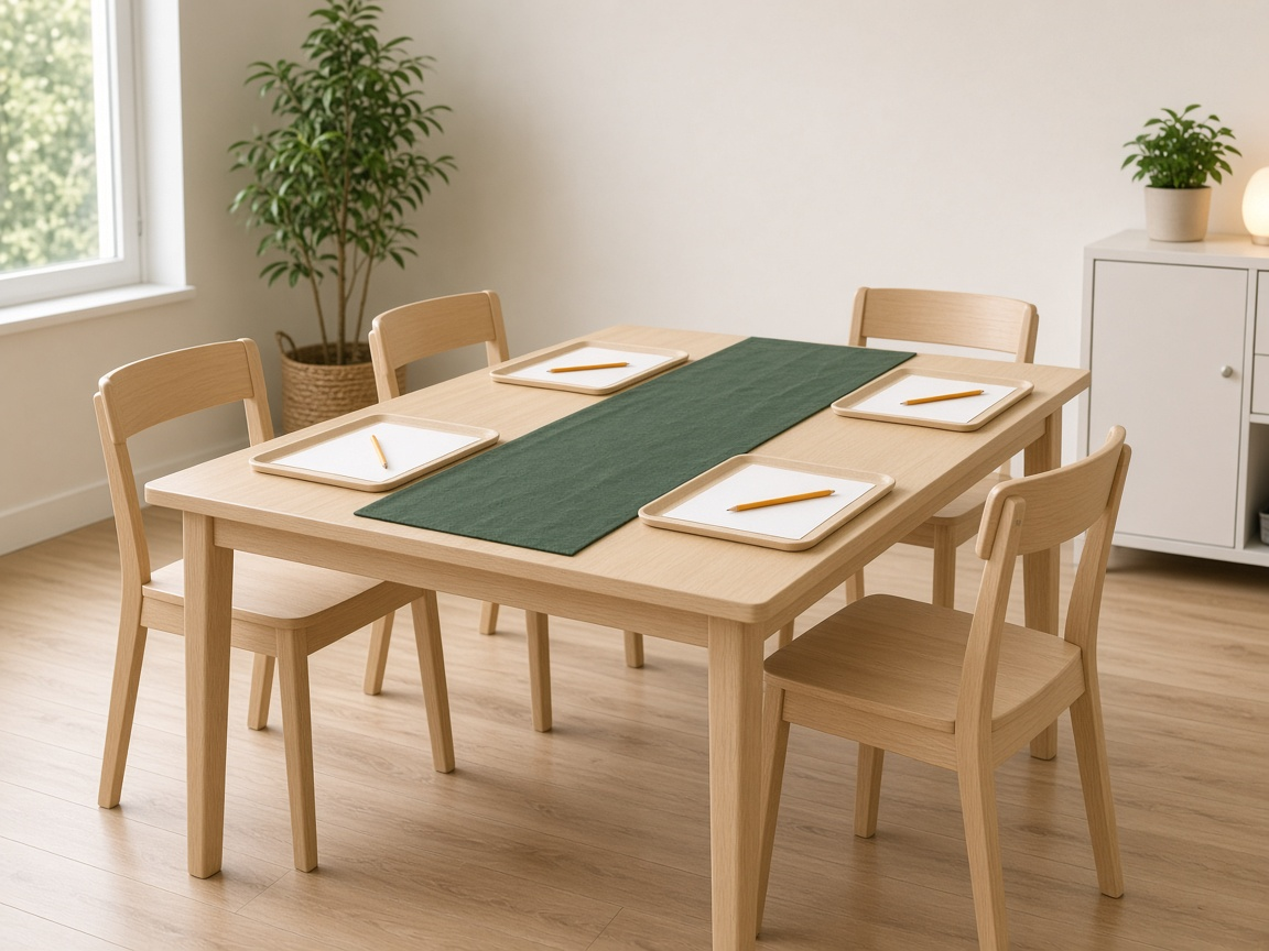Empty table set for four with trays, pencils, and a green runner